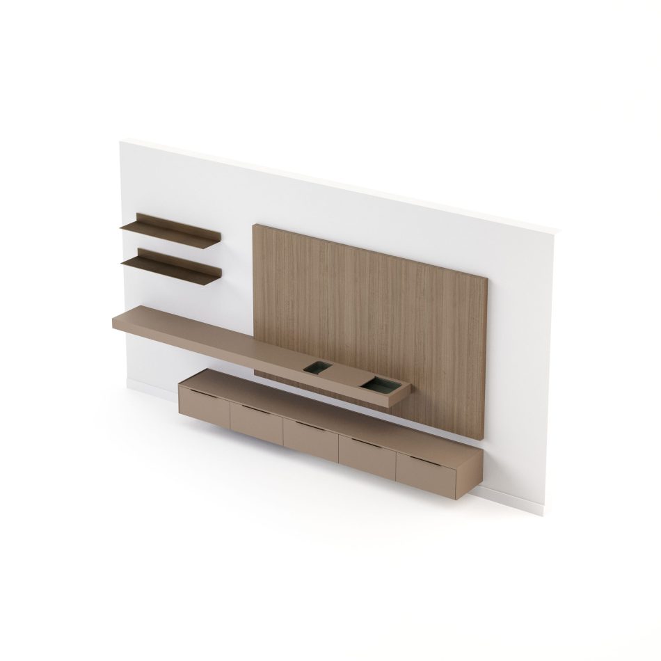 The Landform Day System integrates a beige lacquered TV cabinet with a ceramic top beneath a long floating shelf, creating a functional and elegant focal point for the room. The composition merges living room architecture, modern furniture luxury design, and thoughtful home furniture.