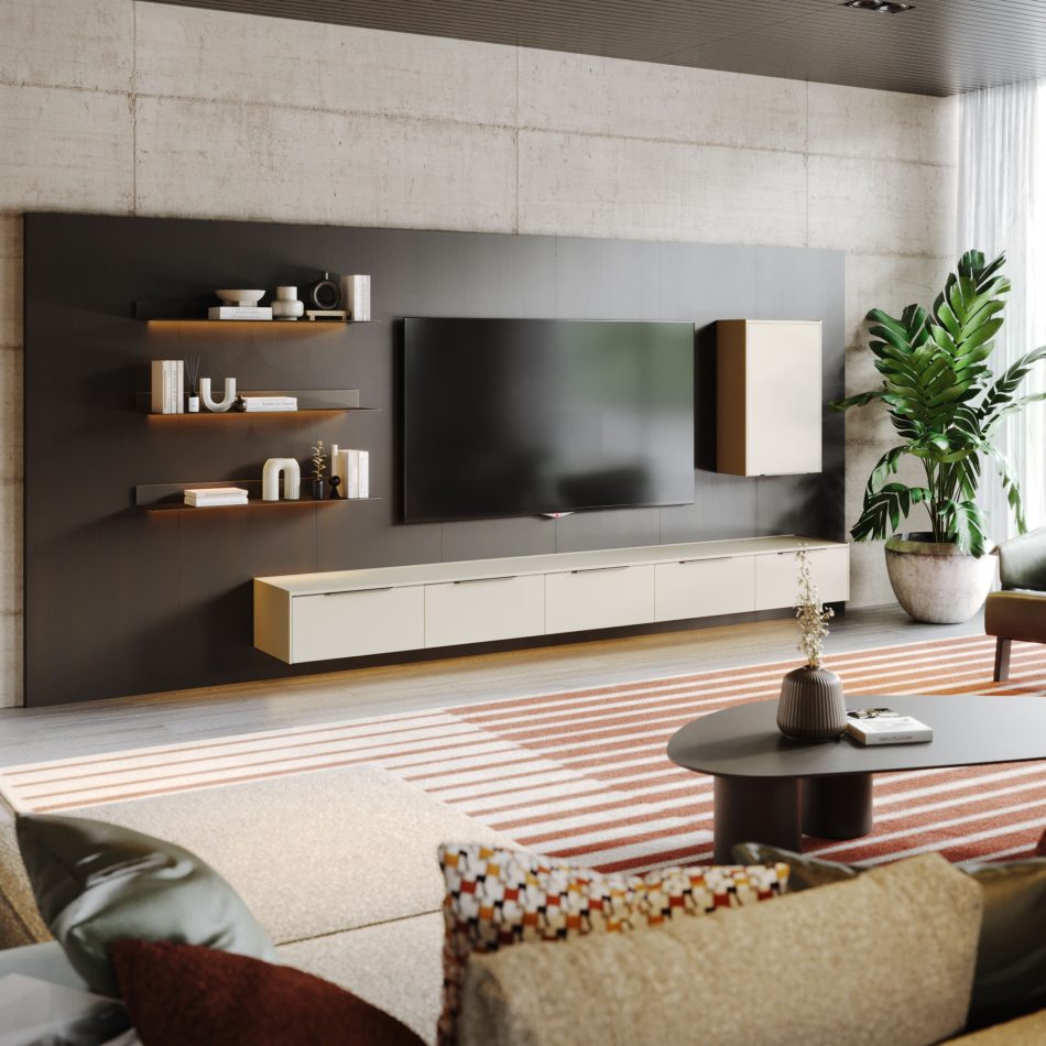 The Landform Day System creates a structured focal point with its oak panel, floating shelves, and lacquered cabinet, shaping a calm and functional environment. The composition blends living room furniture, curated design details, and warm living room inspiration.