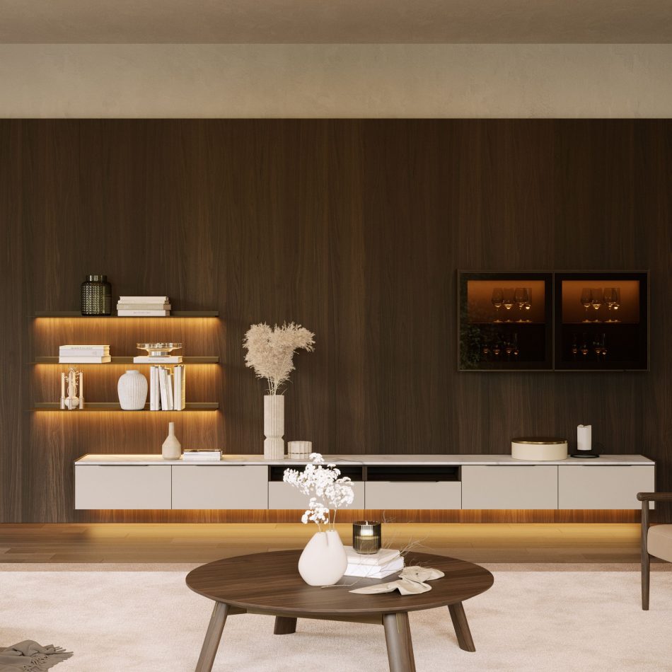 The Landform Day System features softly illuminated shelves and a low cabinet that highlight decorative objects and materials with quiet sophistication. The design reflects elevated casegoods furniture, expressive wood texture, and timeless luxury home furniture.