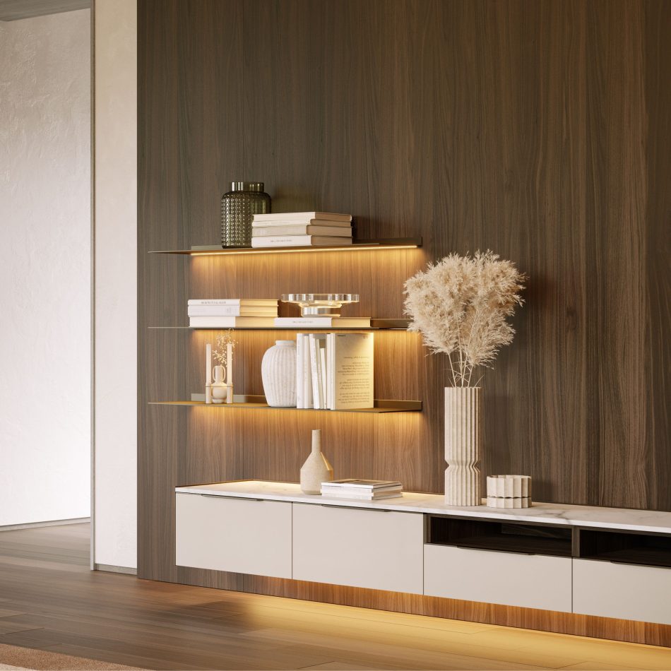 The Landform Day System presents a minimalist wall arrangement with floating shelves, warm lighting, and a clean cabinet surface, offering both function and elegance. The composition merges modern furniture, subtle design details, and serene living room architecture.