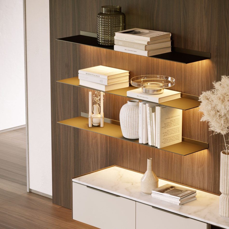 The Landform Day System showcases floating shelves with integrated lighting above a marble‑topped cabinet, offering a refined balance of decoration and function. The arrangement reflects curated casegoods furniture, subtle design details, and serene living room architecture.