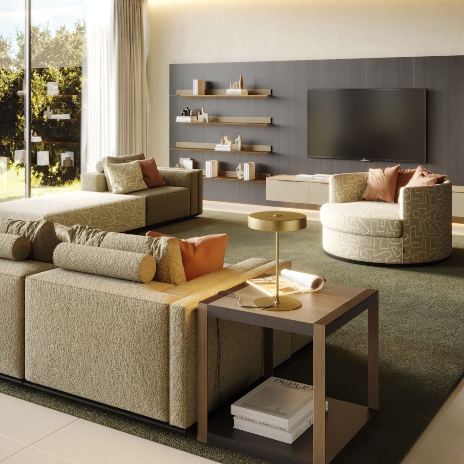 The Landform Day System anchors the living area with its wall‑mounted shelves, sculptural objects, and clean cabinetry, complementing the surrounding seating and natural light. The scene merges modern furniture, warm living room inspiration, and thoughtful furniture luxury design.
