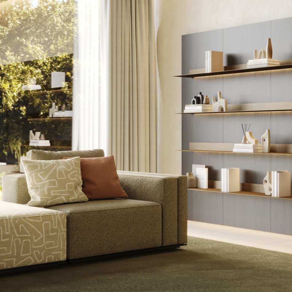 The Landform Day System appears beside a soft, textured sofa, its floating shelves displaying sculptural pieces that elevate the room’s calm atmosphere. The composition blends living room furniture, curated design details, and warm living room inspiration.