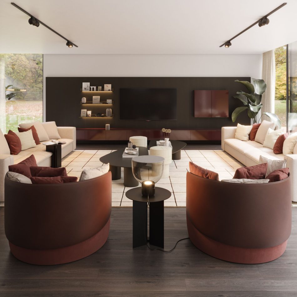 The Landform Day System anchors the living area with its wall‑mounted shelves, TV cabinet, and decorative styling, complementing the surrounding seating and natural light. The scene merges modern furniture, elegant living room architecture, and refined luxury home furniture.