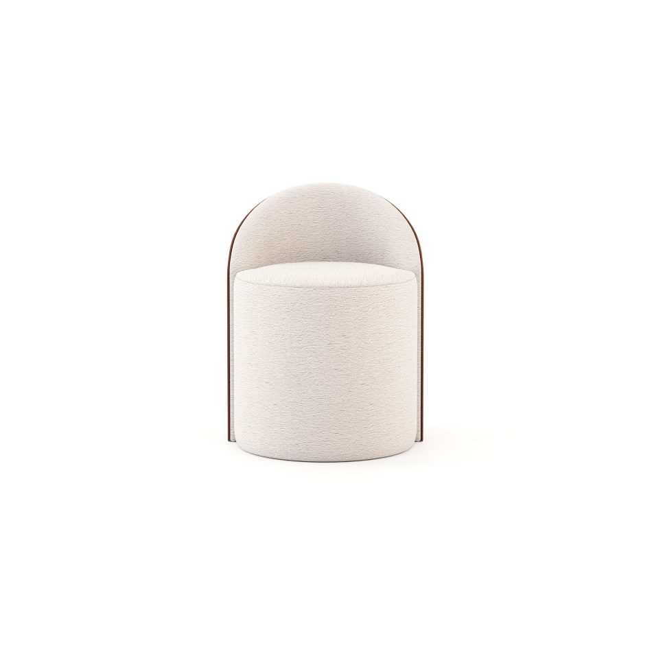 A minimalist front view of the Elis Stool, defined by its cylindrical seat and subtle curved backrest upholstered in a soft, textured fabric. The understated geometry and low profile give it a serene presence, making it a thoughtful accent within home furniture environments, complemented by the tactile richness of its leather elements and the gentle sophistication associated with contemporary furniture.