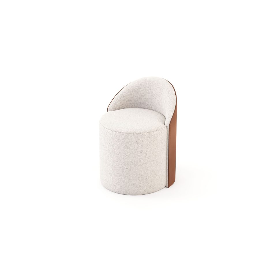 A softly curved Elis Stool with a cylindrical upholstered seat and a smooth leather backrest that wraps gently around the form. The contrast between the fabric and the warm leather accent gives the piece a quiet, grounded elegance, making it a refined addition to modern furniture settings, subtly enhancing the softness of living room inspiration and the crafted clarity of luxury home furniture.