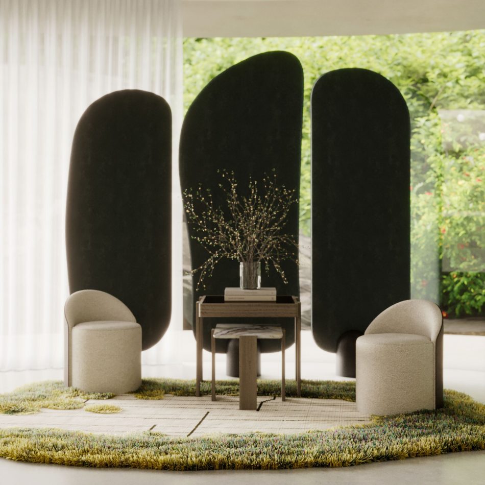 The Elis Stool sits within a serene, nature‑inspired interior, its soft upholstered seat paired with a smooth leather back that curves gently around the form. Positioned beside a table with delicate branches, the stool’s quiet geometry and warm materials echo the calm of the surrounding space. The composition blends the intimacy of living room furniture with the crafted refinement of luxury furniture, while the stool’s sculptural presence adds a subtle note of modern furniture to the setting.