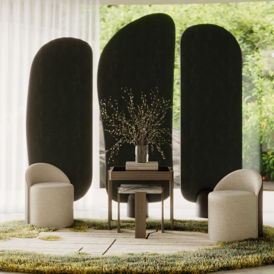 The Foz Side Tables appear as two complementary surfaces beside rounded beige stools, echoing the meeting point between sand and water through their clean geometry and natural materials. The Foz Side Tables with a vase of delicate branches stands between the chairs, framed by sculptural dark screen and a textured green‑and‑beige rug, blending modern furniture, soft design details, and serene interior design inspiration.