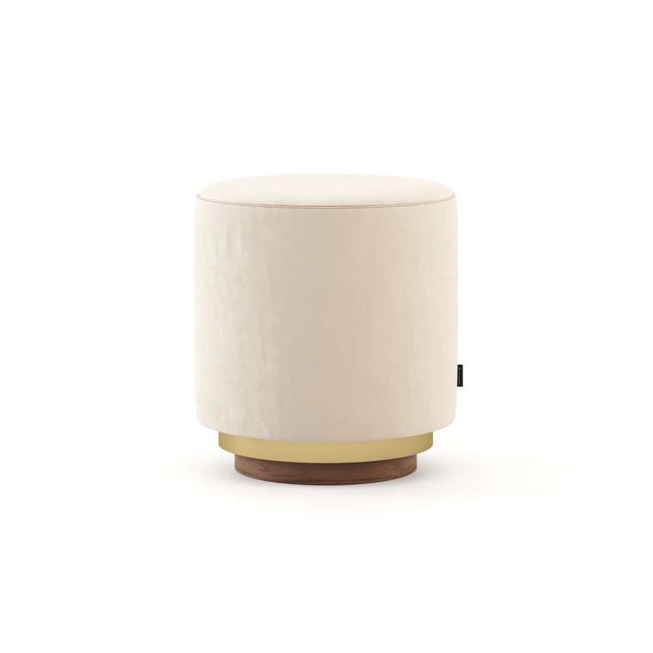 Natur stool covered in cream furniture upholstery fabric with a polished brass ring accent and dark solid wood base.