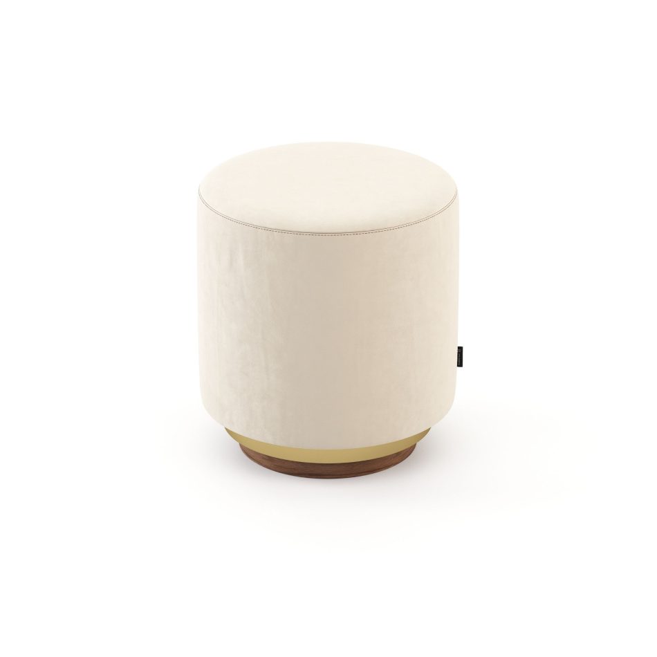 Round Natur stool as piece of luxury home furniture, featuring soft cream fabric, polished brass trim, and a solid wood foundation.