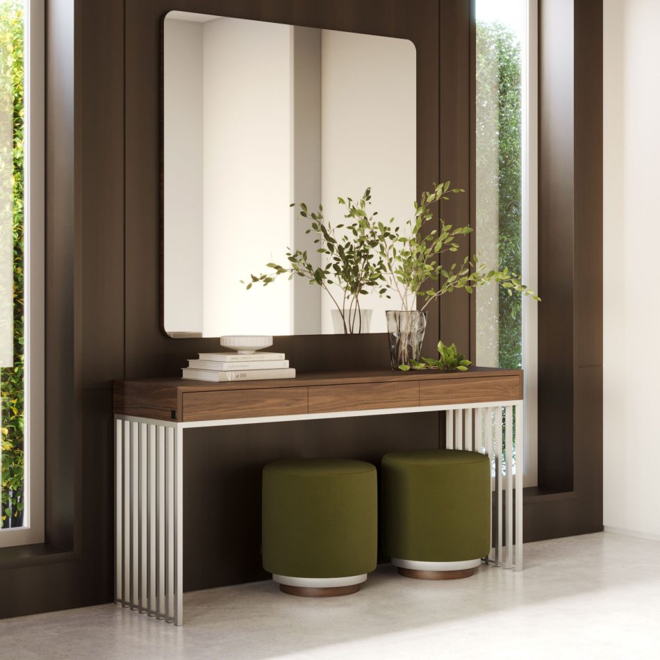 Pair of olive green Natur stool designs tucked under a console table in a luxury entrance hall, featuring soft furniture upholstery fabric and a solid wood base.