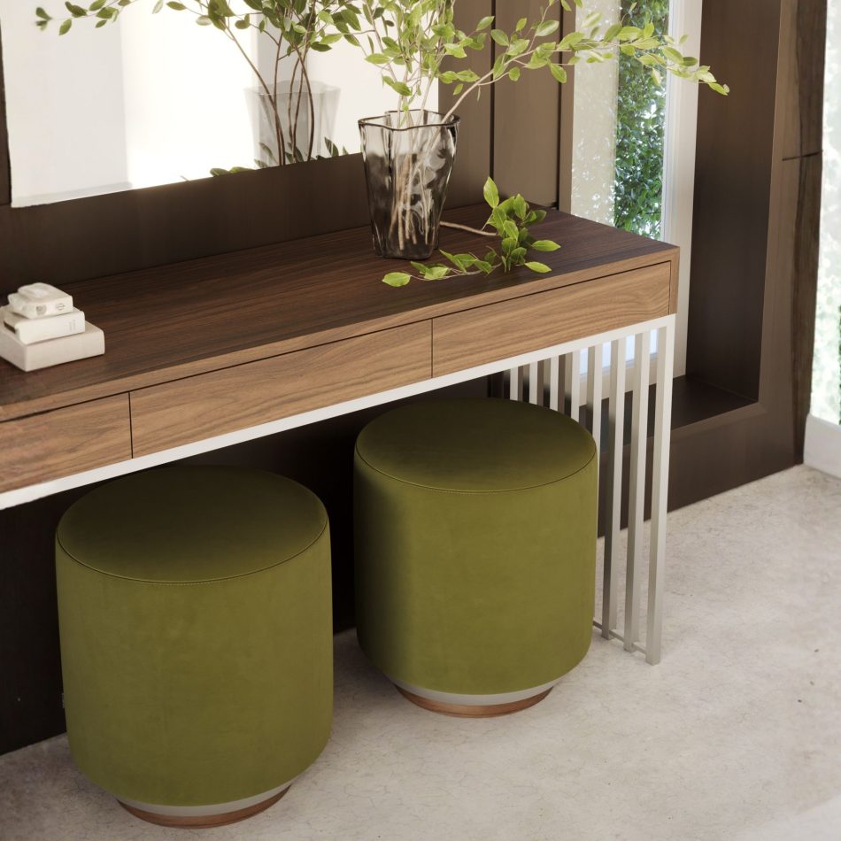 Two green Natur stool seating pieces as luxury home furniture styled beneath a wooden console, highlighting refined design details and solid wood bases.