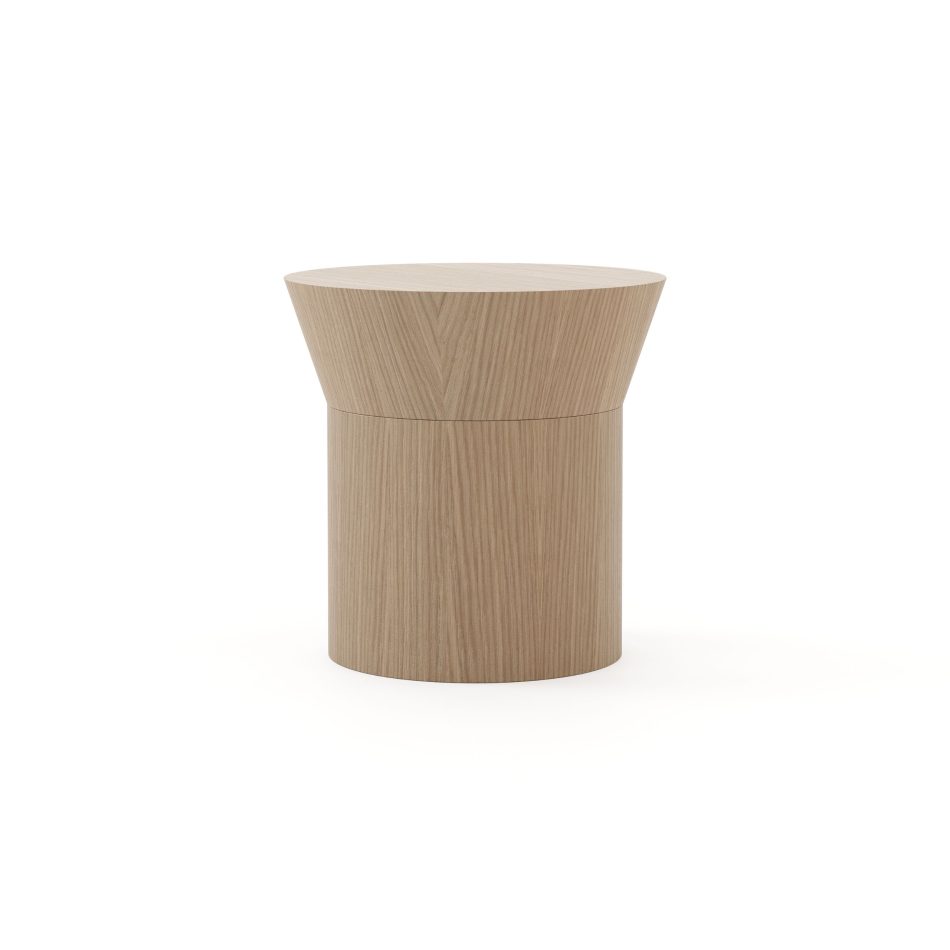 Toro Side Table in natural oak, shaped with a sculptural silhouette that pairs a solid cylindrical base with a gently flared conical top; the vertical grain and smooth matte finish highlight the warmth and craftsmanship of the wood, giving the piece a refined, gallery-like presence.