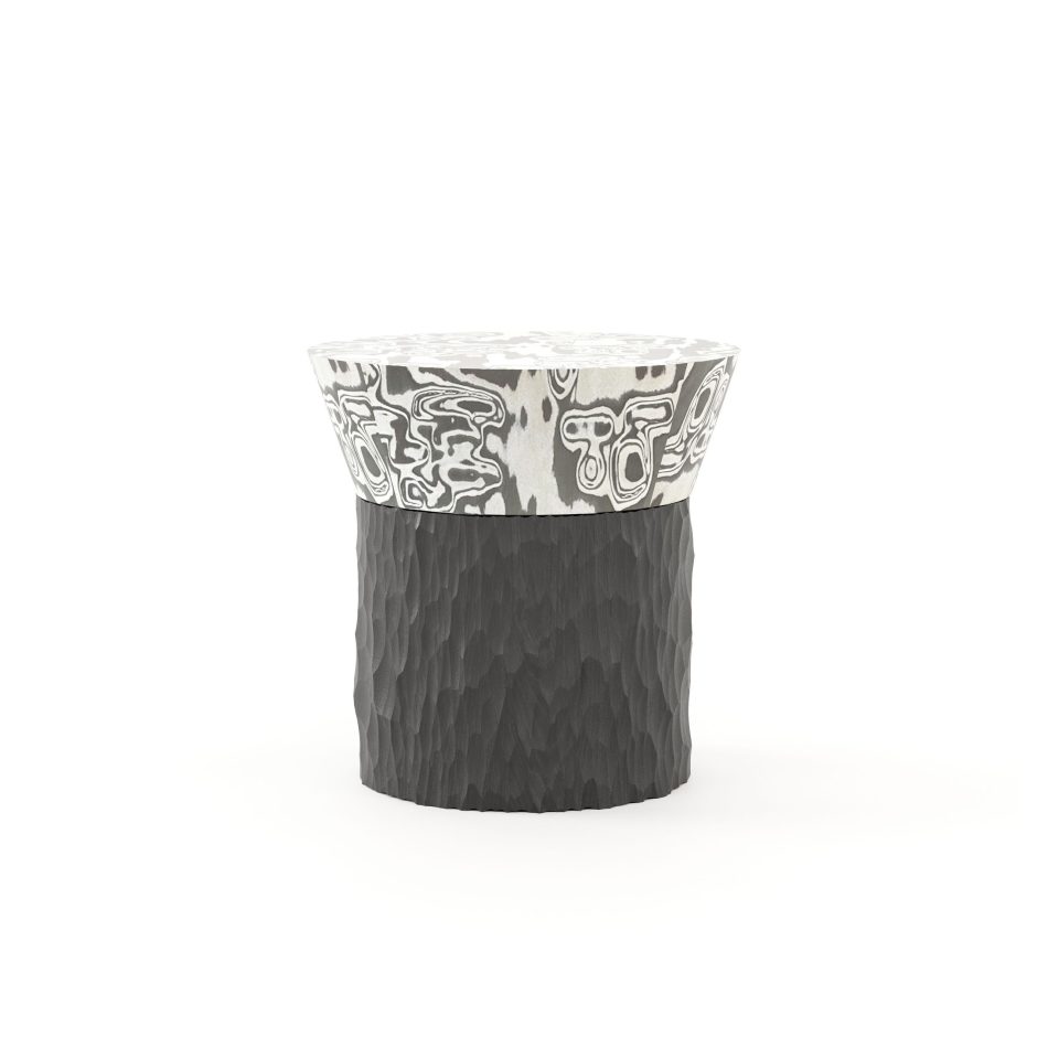 A sculptural Toro Side Table II combines a textured wooden base with a flared patterned top, blending natural materiality with contemporary shape. This versatile piece brings personality to living spaces, elevates curated environments through modern design, and serves as a refined statement within decorative furniture arrangements.