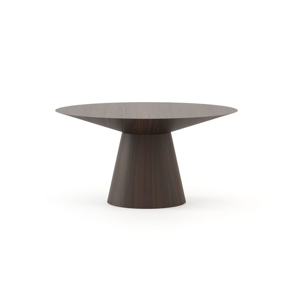 Olivier luxury dining table crafted from rich solid wood featuring a tapered pedestal base in a clean modern table design.