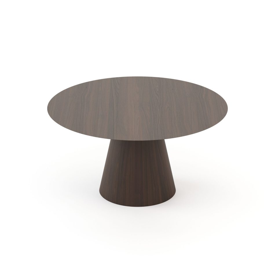 Round Olivier modern dining table showcasing natural wood texture and exceptional handmade furniture crafting.