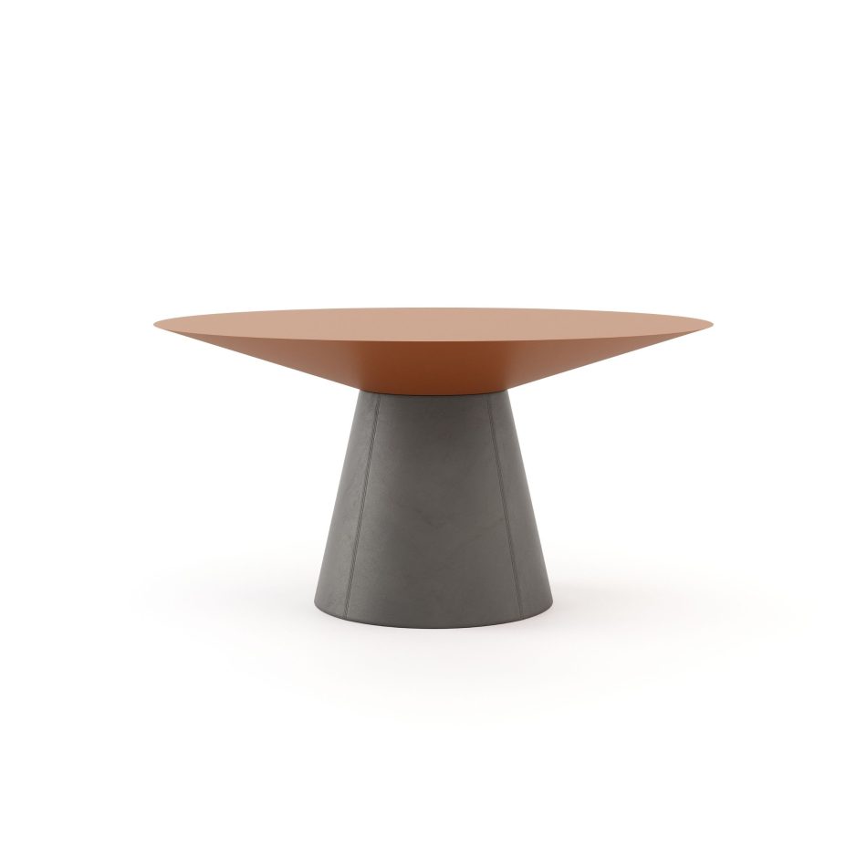 Olivier luxury dining table featuring a smooth lacquer top layered over a upholstered leather pedestal base in a contemporary furniture style.