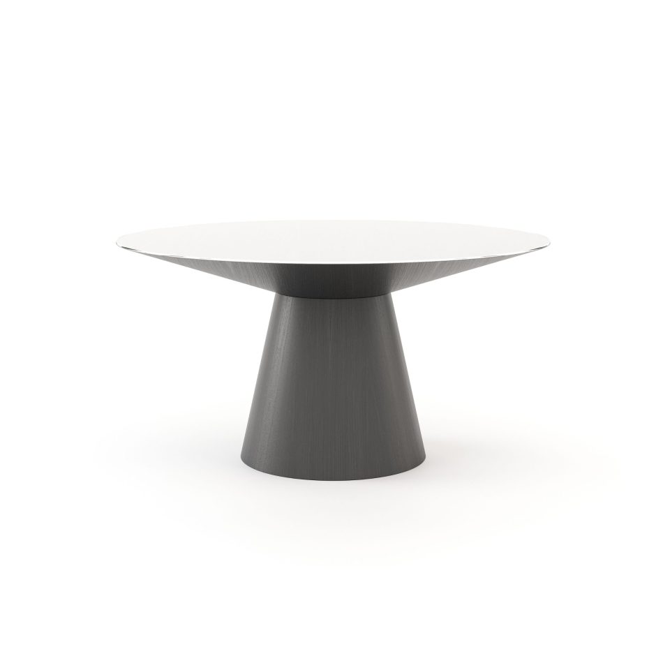 Olivier luxury dining table pairing a rich wood base with a reflective glass top, embodying minimalist design.