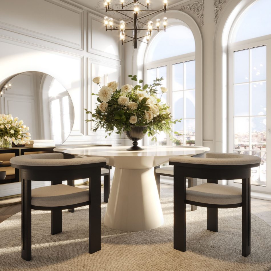Bright classical dining room with arched windows, featuring a cream Olivier luxury dining table with a modern table design.