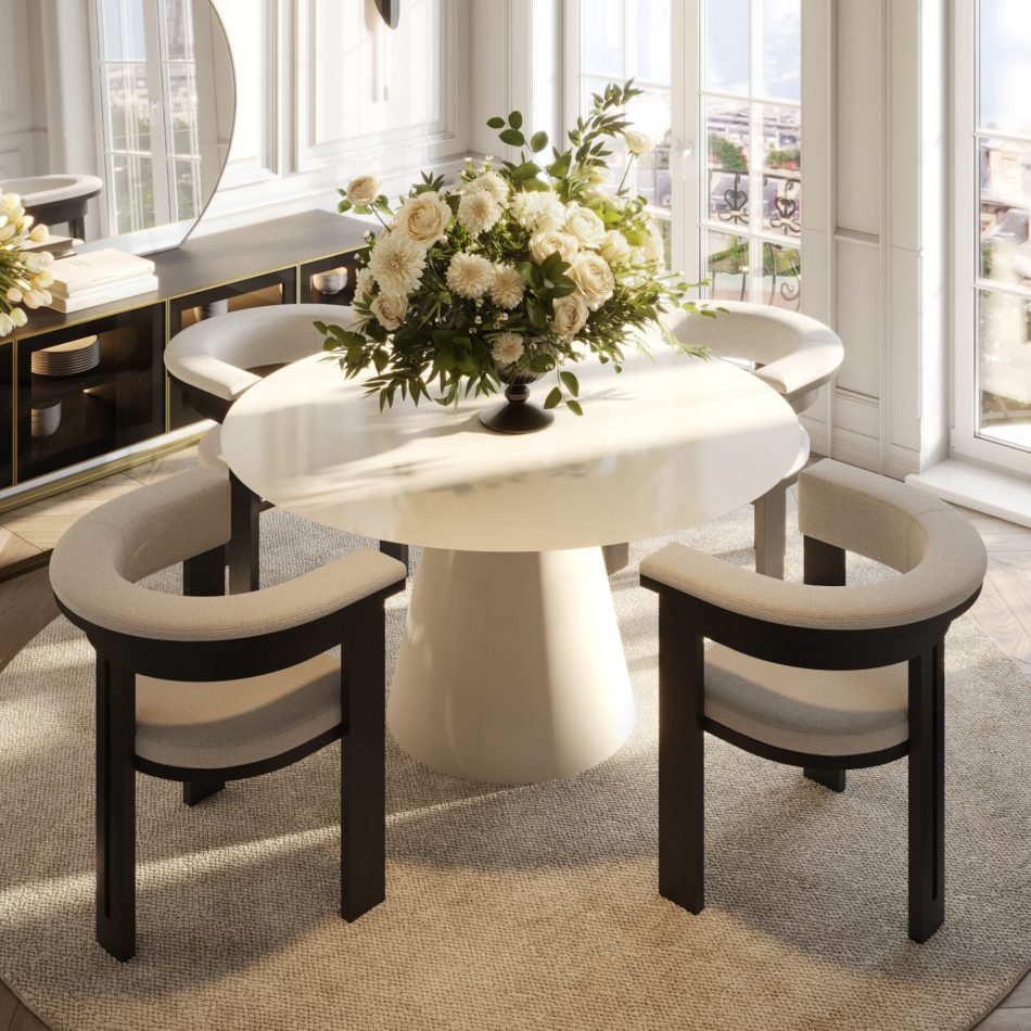 Sunlit classical interior with herringbone floors, showcasing a round Olivier luxury dining table surrounded by dark armchairs.