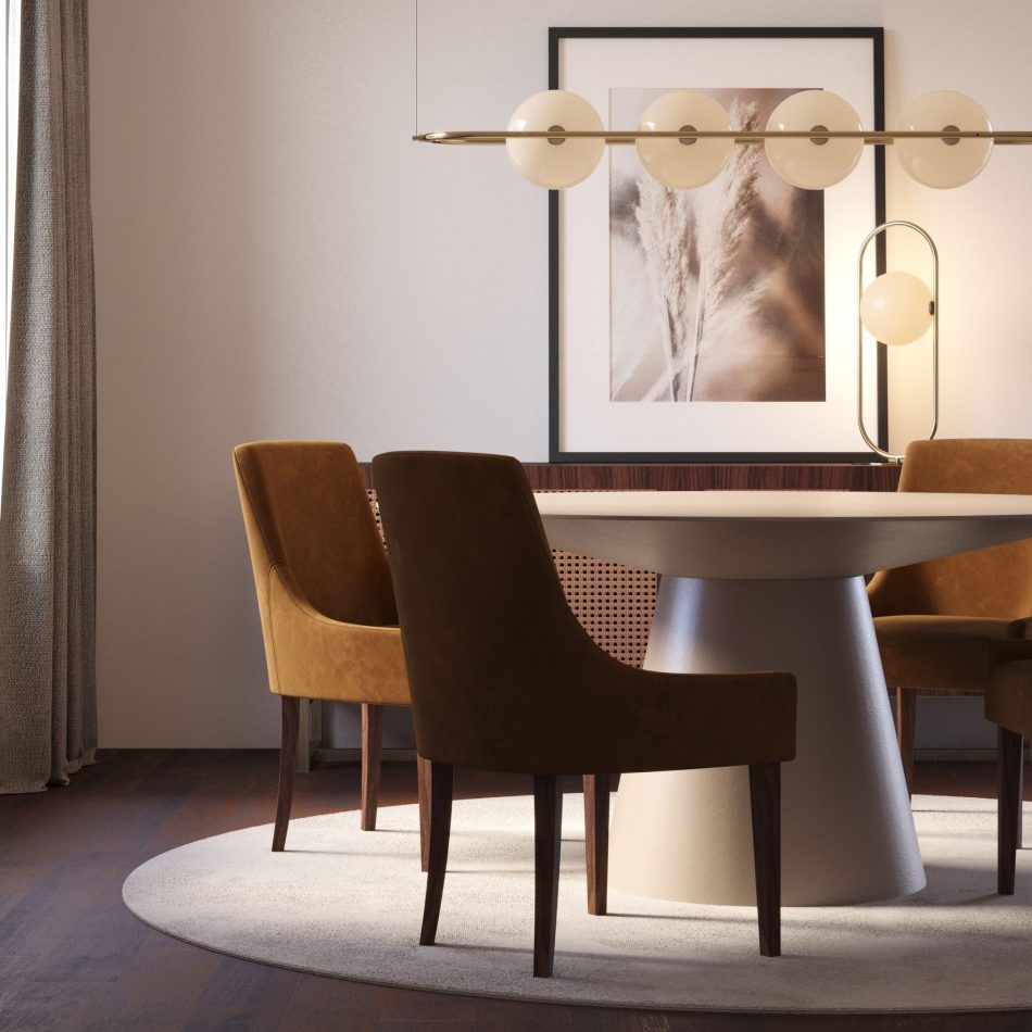 Warm modern dining space with globe pendant lighting, anchored by an off-white Olivier luxury dining table and textured fabric upholstered dining chairs.