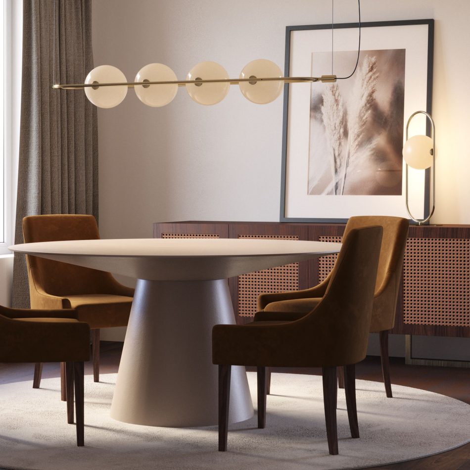 Contemporary dining room with a dark sideboard, featuring a smooth Olivier modern dining table paired with matching dining chairs.