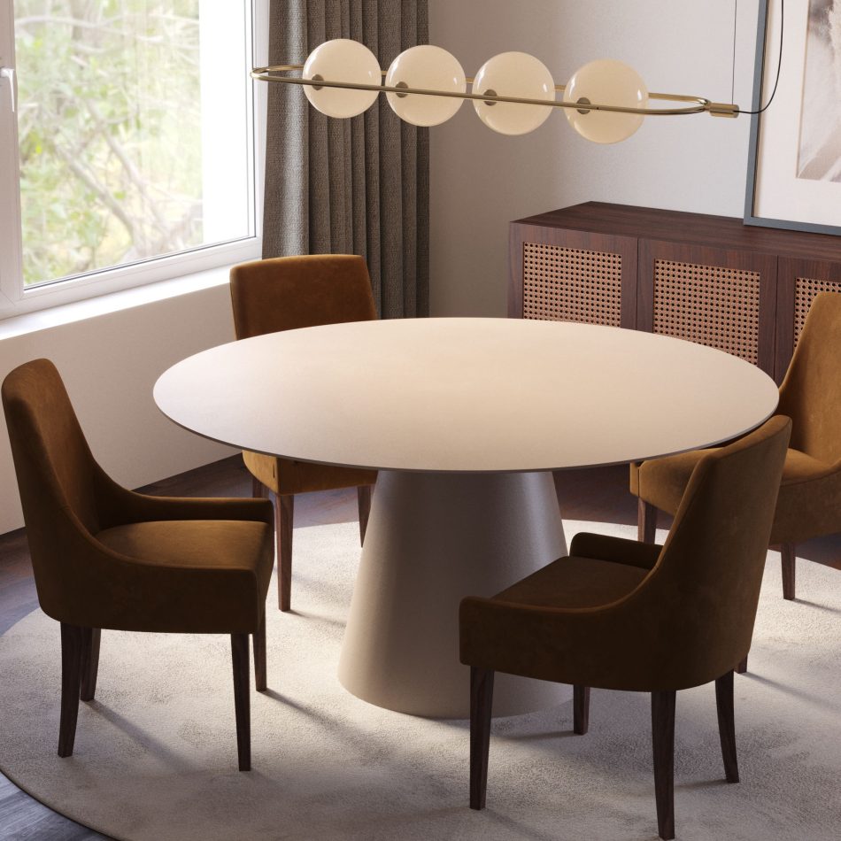 Cozy and understated dining area with soft natural light, featuring a neutral Olivier luxury dining table and upholstered dining chairs.