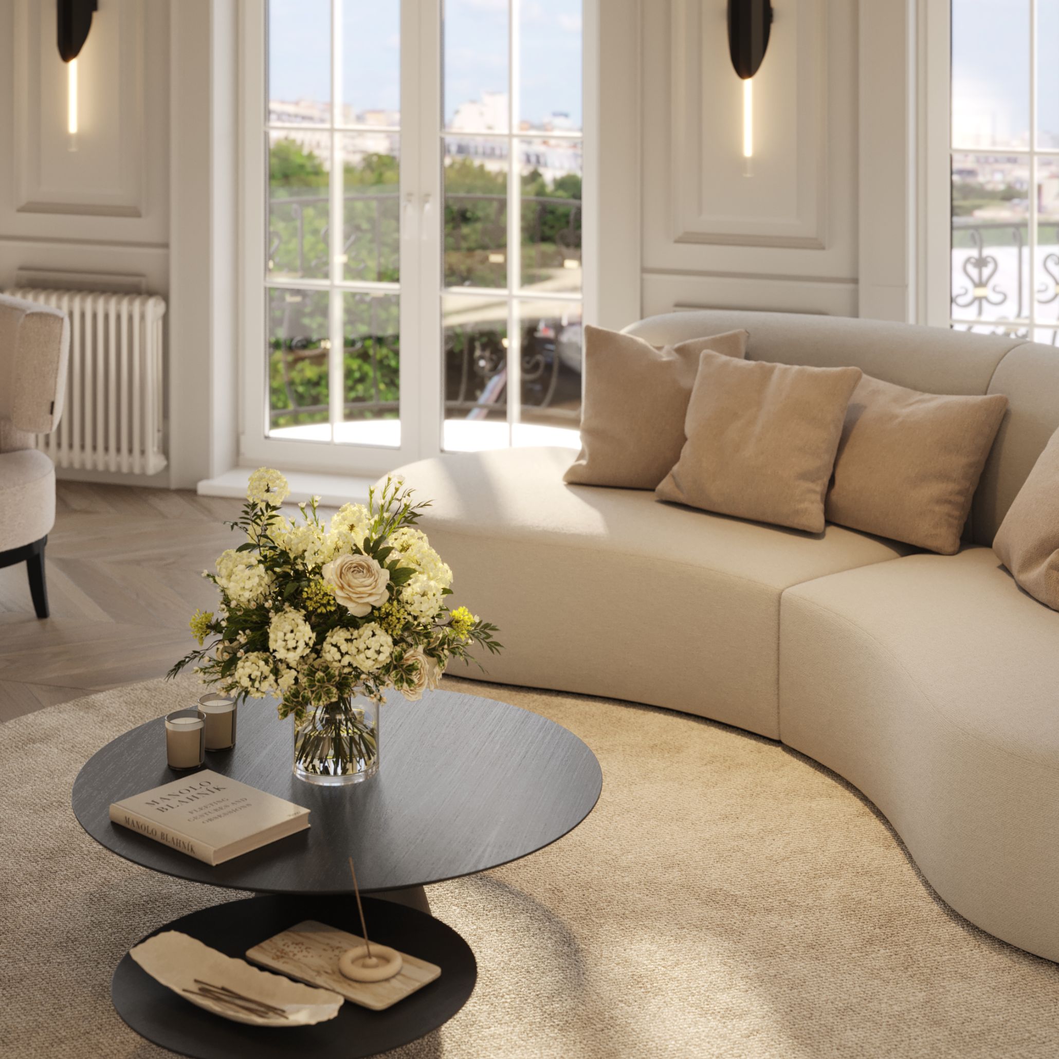 A Living Room Inspired by the Emily in Paris Aesthetic with curved furniture