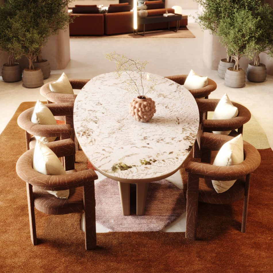 Stone dining table with custom finishes.