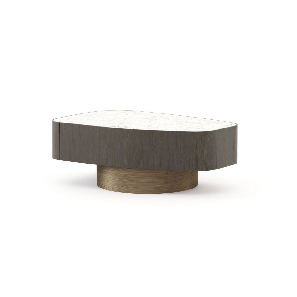 The Stone Night Table I, a rounded night table with a light stone top and dark wooden body rests on a recessed base, blending luxury home furniture, organic design details, and calm interior design inspiration.