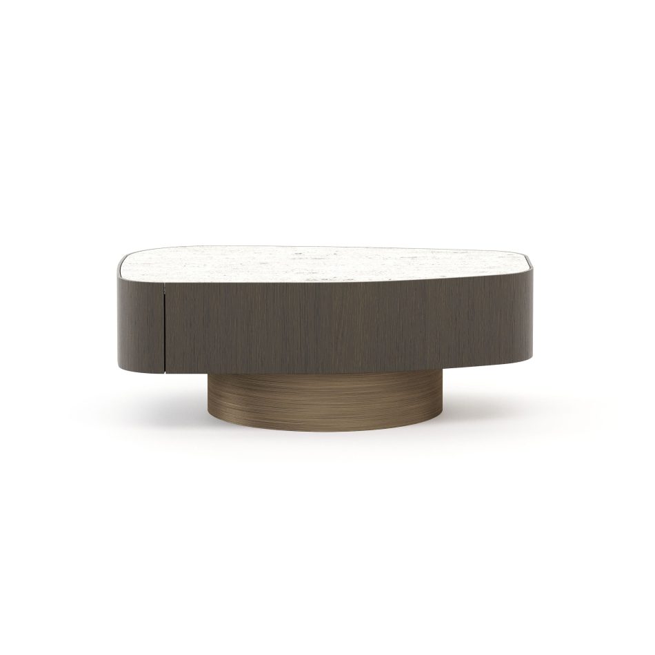 The sculptural Stone Night Table I pairs a smooth stone surface with a dark wooden frame and a lacquered brass pedestal, reflecting high end furniture, refined material design, and modern bedroom furniture.
