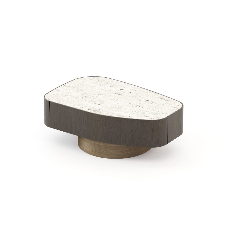 A softly contoured night table features a stone top, wooden sides, and a circular base, showcasing contemporary furniture, warm home furniture, and serene bedroom architecture.