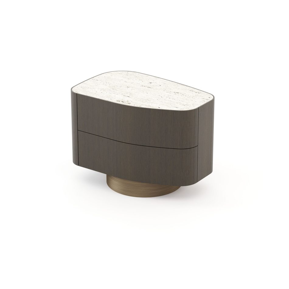 The Stone Night Table II reveals its gentle silhouette through a light stone surface paired with dark walnut wood and a circular bronze base, celebrating nature’s quiet transformation. The composition reflects contemporary furniture, warm material design, and refined bedroom architecture.