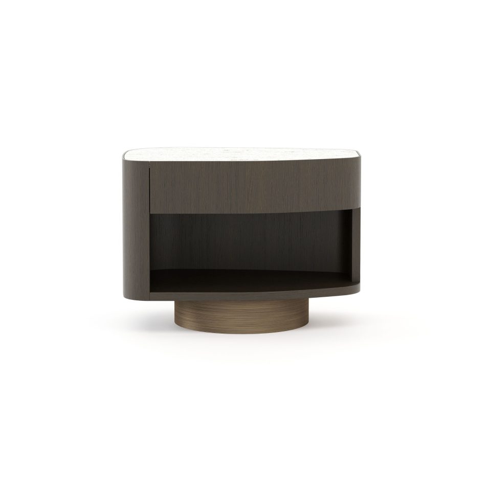 A rounded Stone Night Table III pairs a light stone surface with a dark wooden structure and recessed circular base, capturing the quiet strength of naturally sculpted stones. The composition reflects contemporary furniture, organic material design, and refined bedroom architecture.
