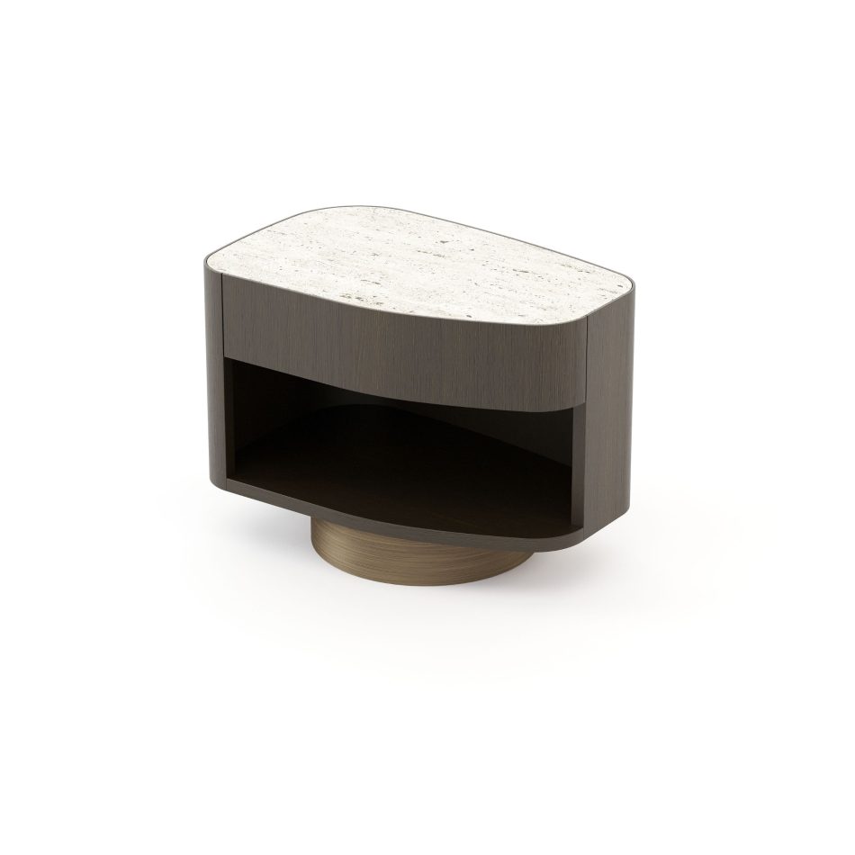The Stone Night Table III reveals its Travertine top above a gently curved wooden frame and brushed metallic base, expressing the timeless transformation found in nature. The piece introduces sophisticated bedroom furniture, subtle design details, and grounded interior design inspiration.