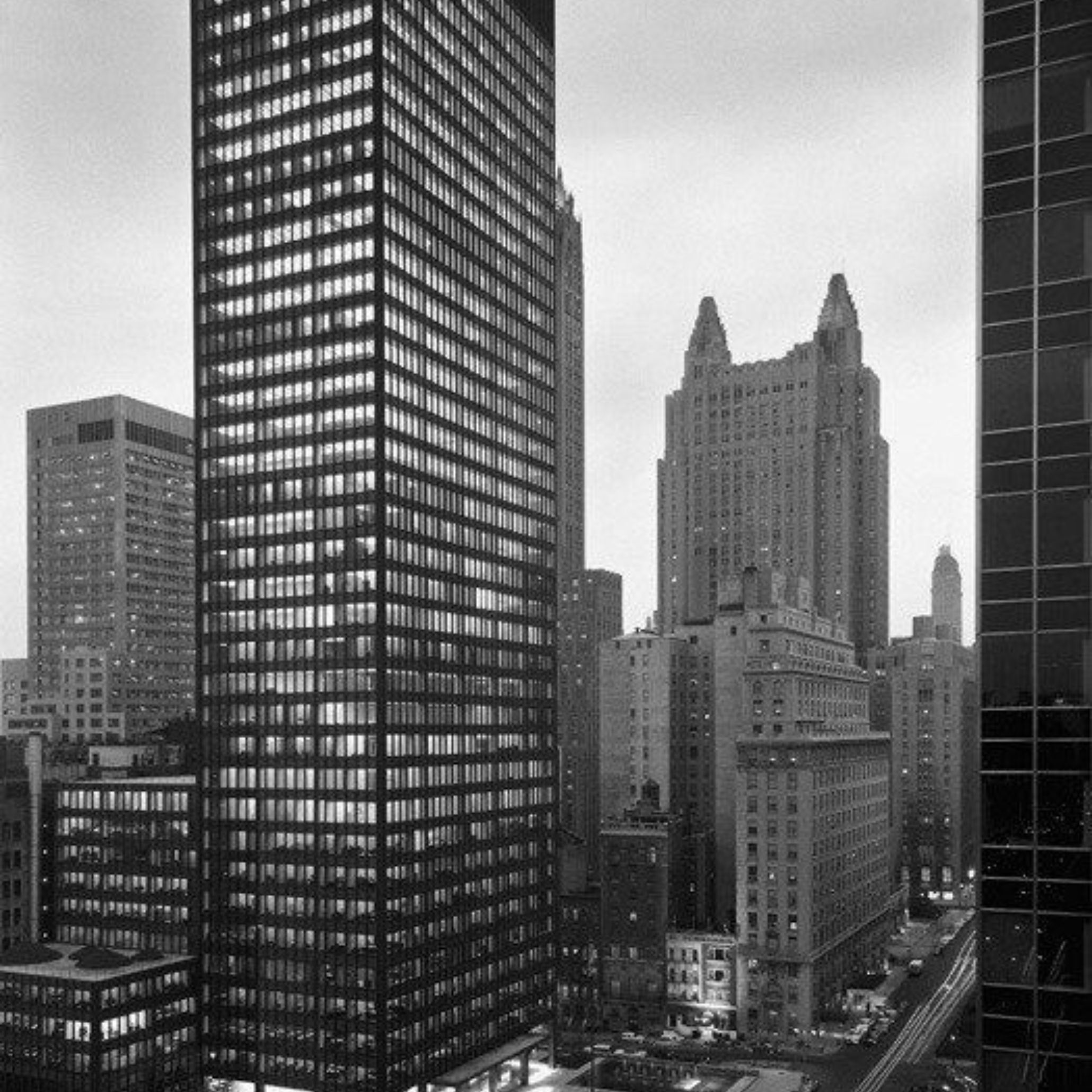 The Seagram Building at night.