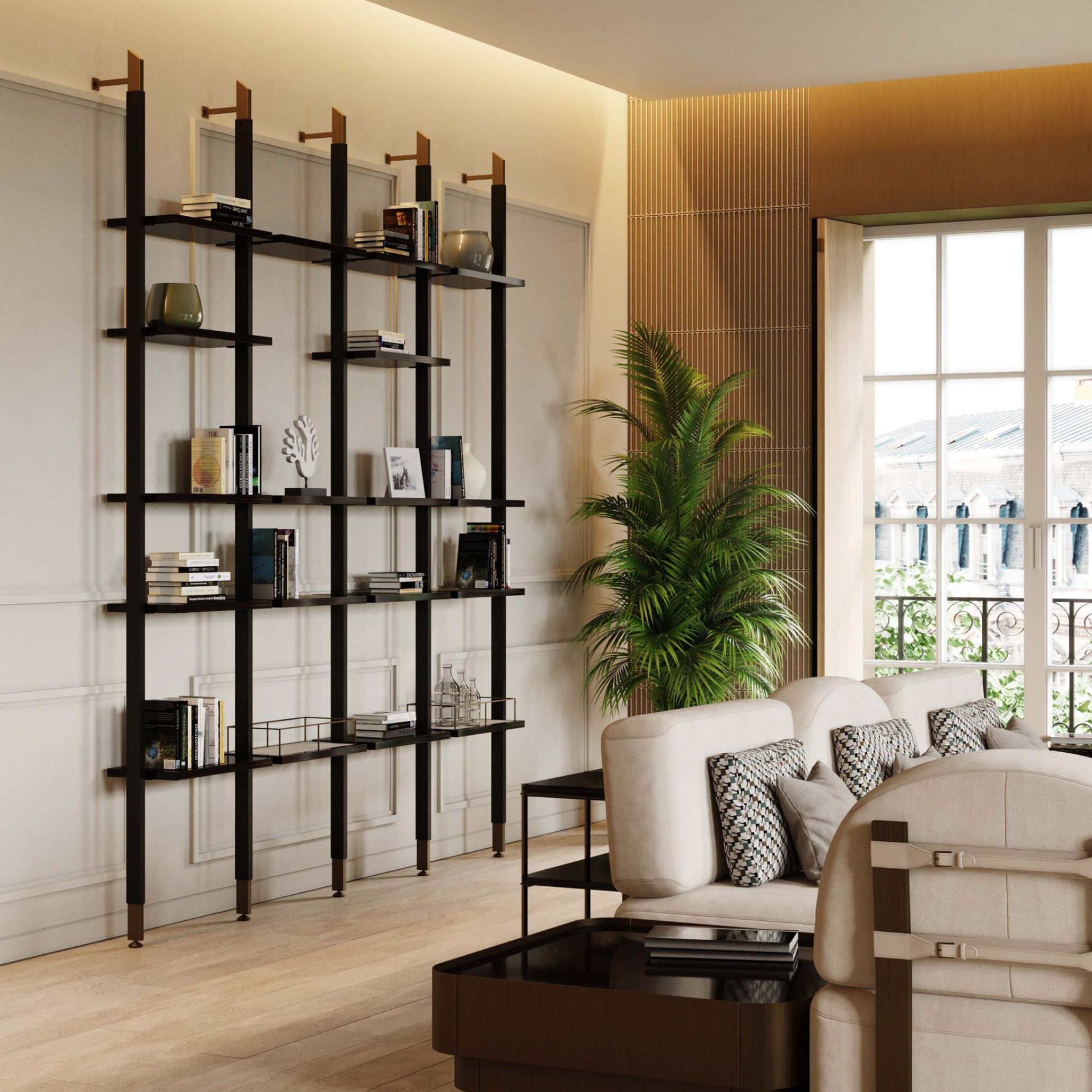 The His bookcase in a neutral living room.