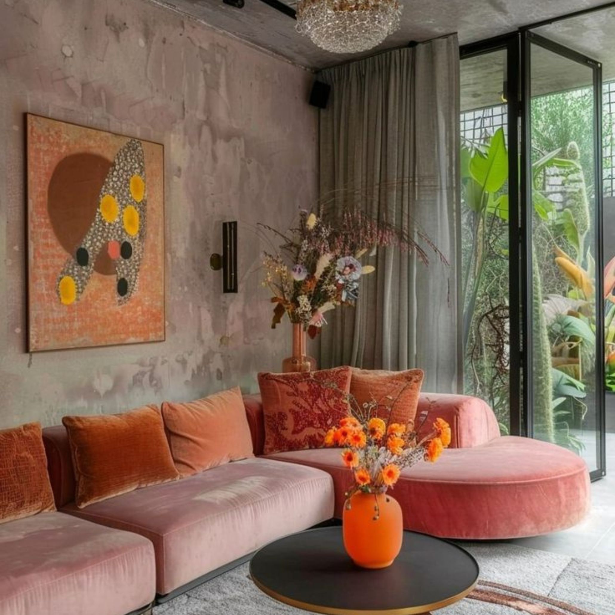 Urban Chic living room with a pop of color.