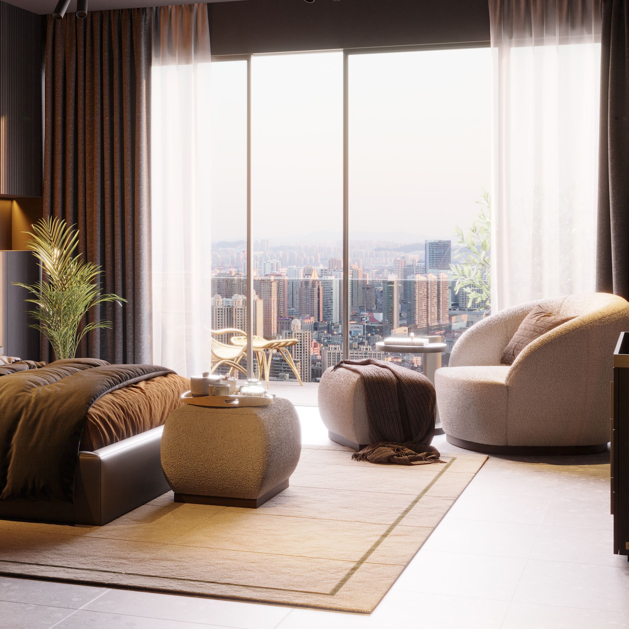 Club Armchair and Club stool in a bedroom.