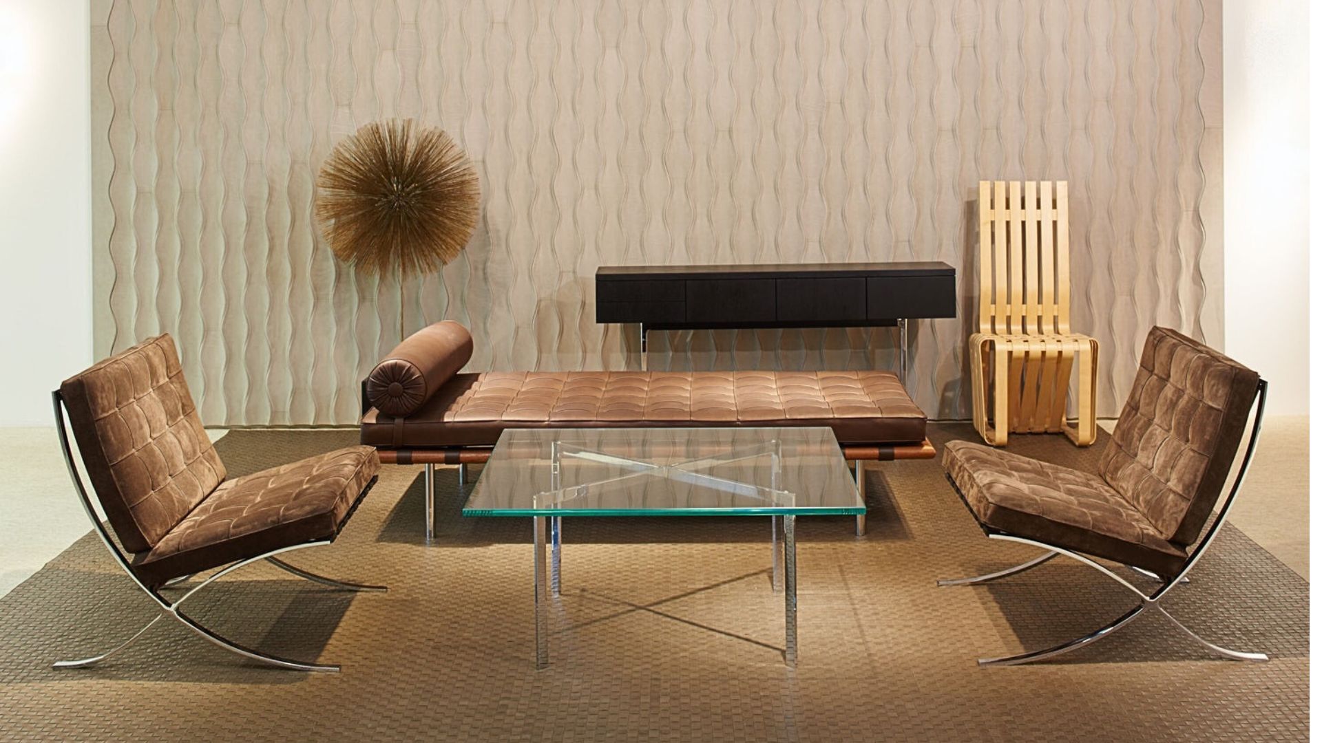 "Living room showcasing Mies van der Rohe's pieces, with a focus on the Barcelona Table