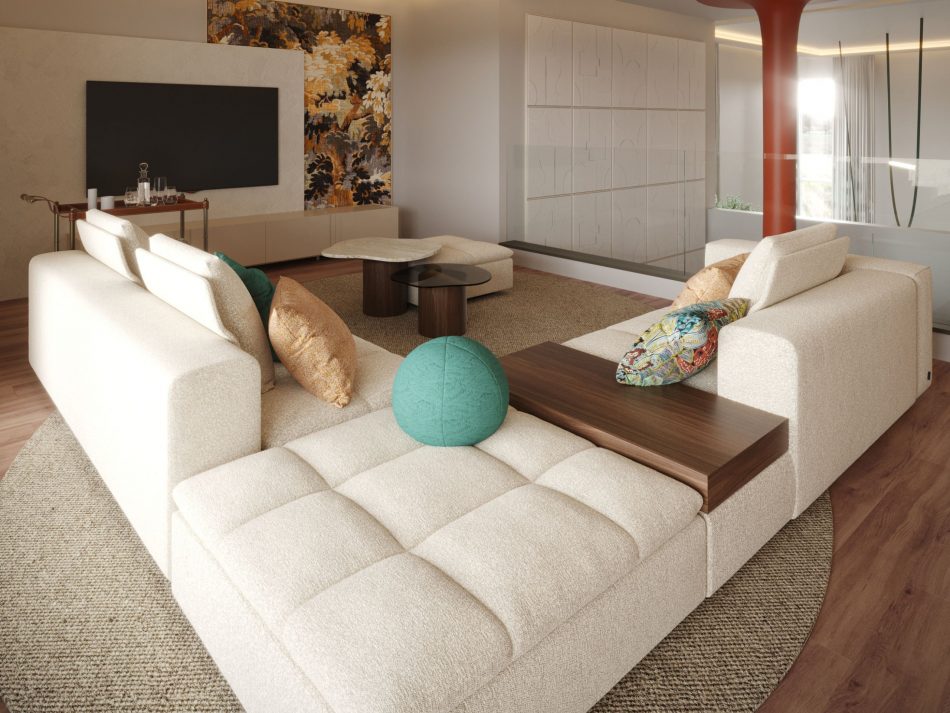 A luxurious cinema room in Marrakesh Villa, where modern sophistication meets Moroccan heritage, featuring the Margem Sofa and Natur Set of Side Tables.