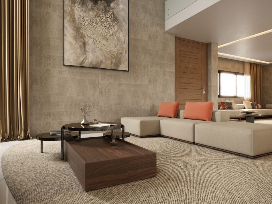 The Marrakesh Villa's living room featuring the modular Landform Sofa, Her Coffee Table with warm wood accents and coral pillows.