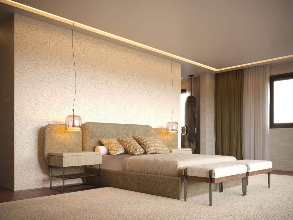 A luxurious bedroom in the Marrakesh Villa, featuring the Margem Bed, Her Bench, and Her Night Table for an elegant and soothing retreat.