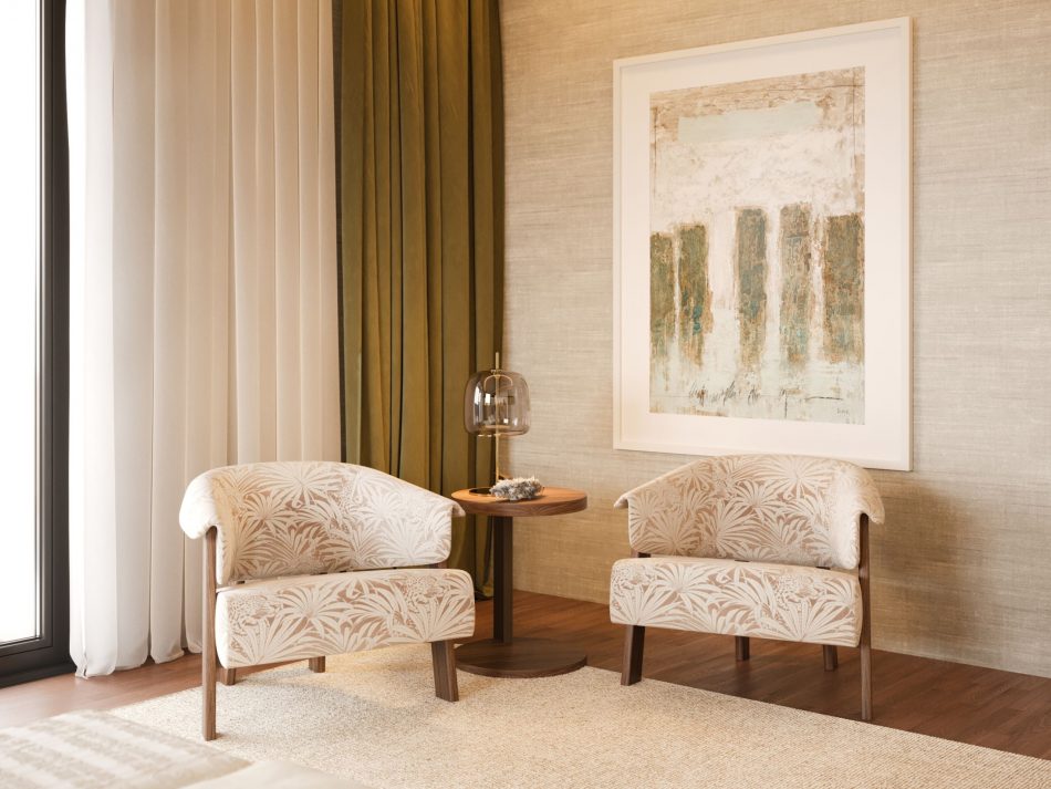 A cozy sitting area with the Toro Armchair and Club Side Table, blending comfort and sophistication in Marrakesh Villa.