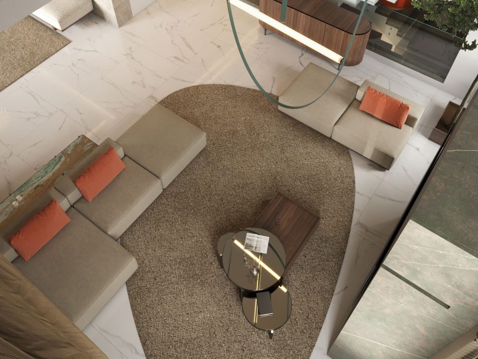 A luxurious living room in Marrakesh Villa, where earthy tones, rich textures, and elegant furnishings create a refined yet inviting space.