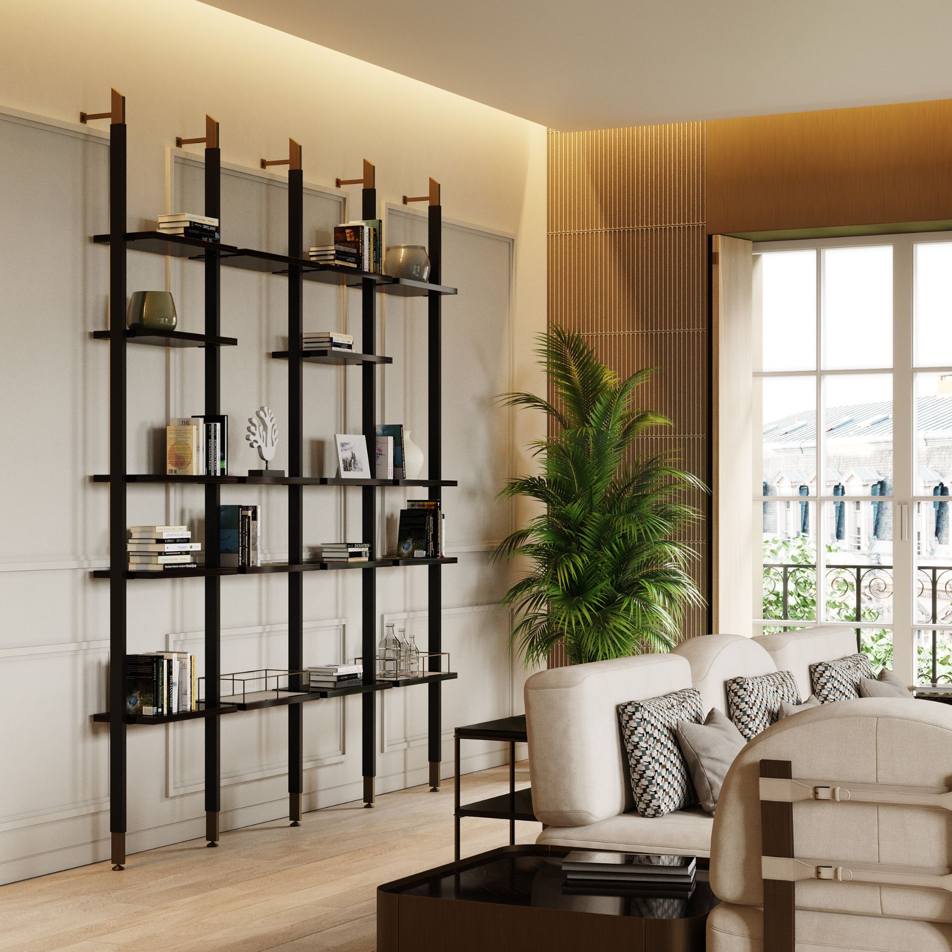 His bookcase decorating a wall of a contemporary living room.