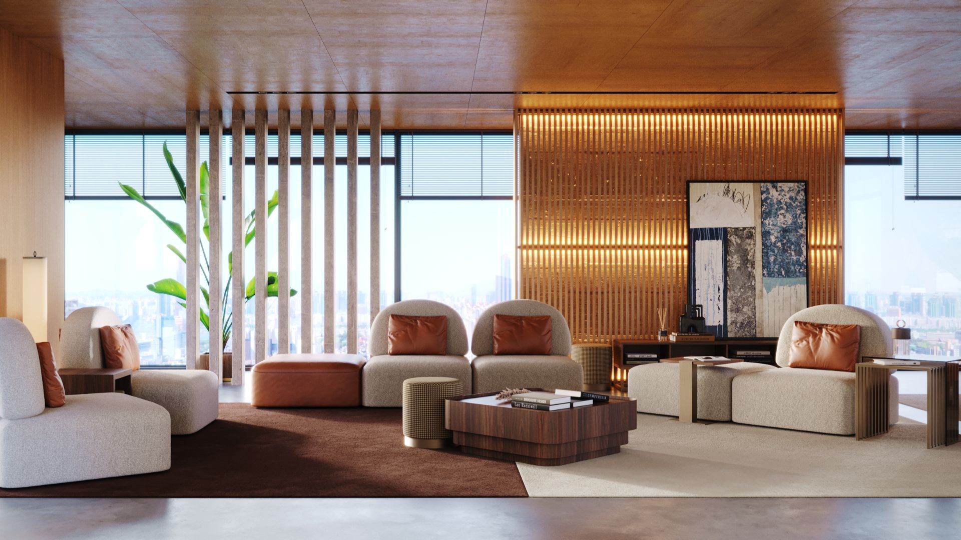 ozy living room mixing wood, linen upholstery, and neutral-toned fabrics for a warm and inviting look.
