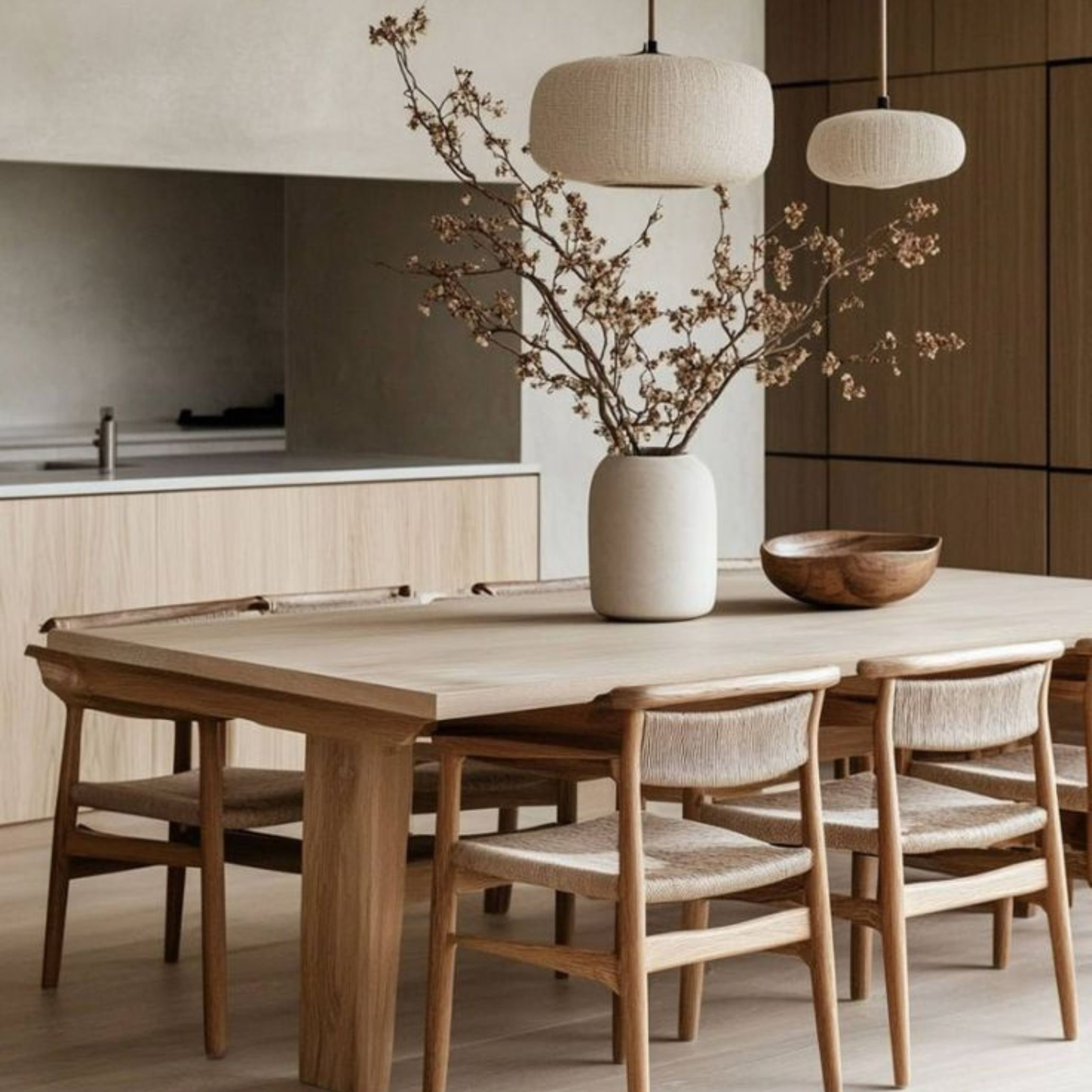 Minimalist dining area with light oak wood table and chairs, ceramic accessories, and natural fiber lighting, highlighting tonal and material harmony.