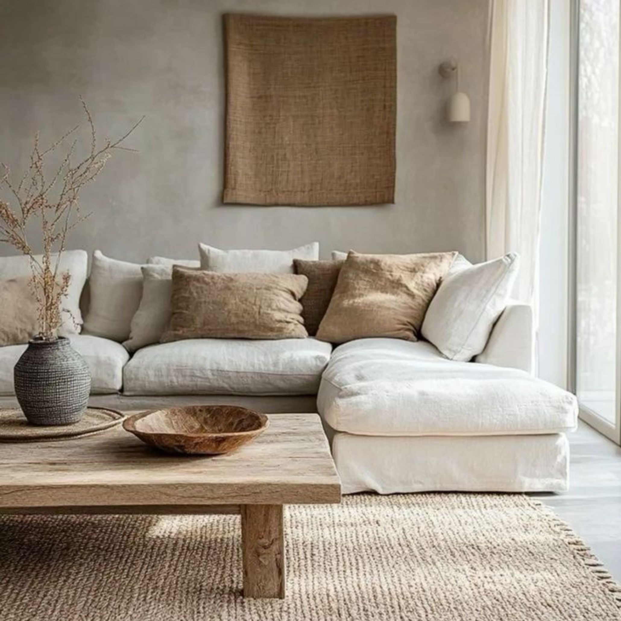 Cozy living room with a white linen sofa, wooden coffee table, jute rug, and neutral cushions, focusing on softness and natural textures.