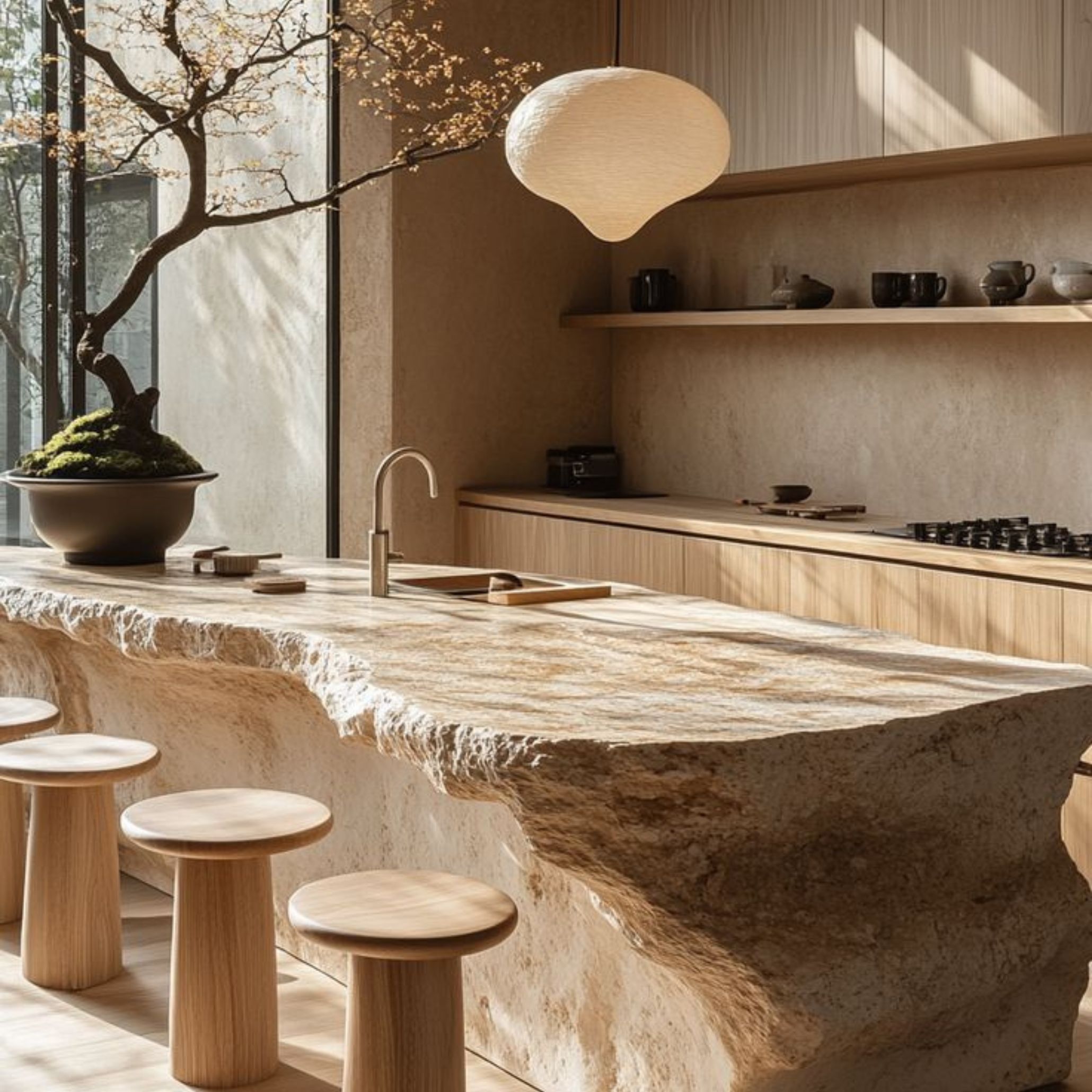 Zen-inspired kitchen with a raw stone island, soft wood cabinetry, and natural lighting, blending organic shapes and textures.
